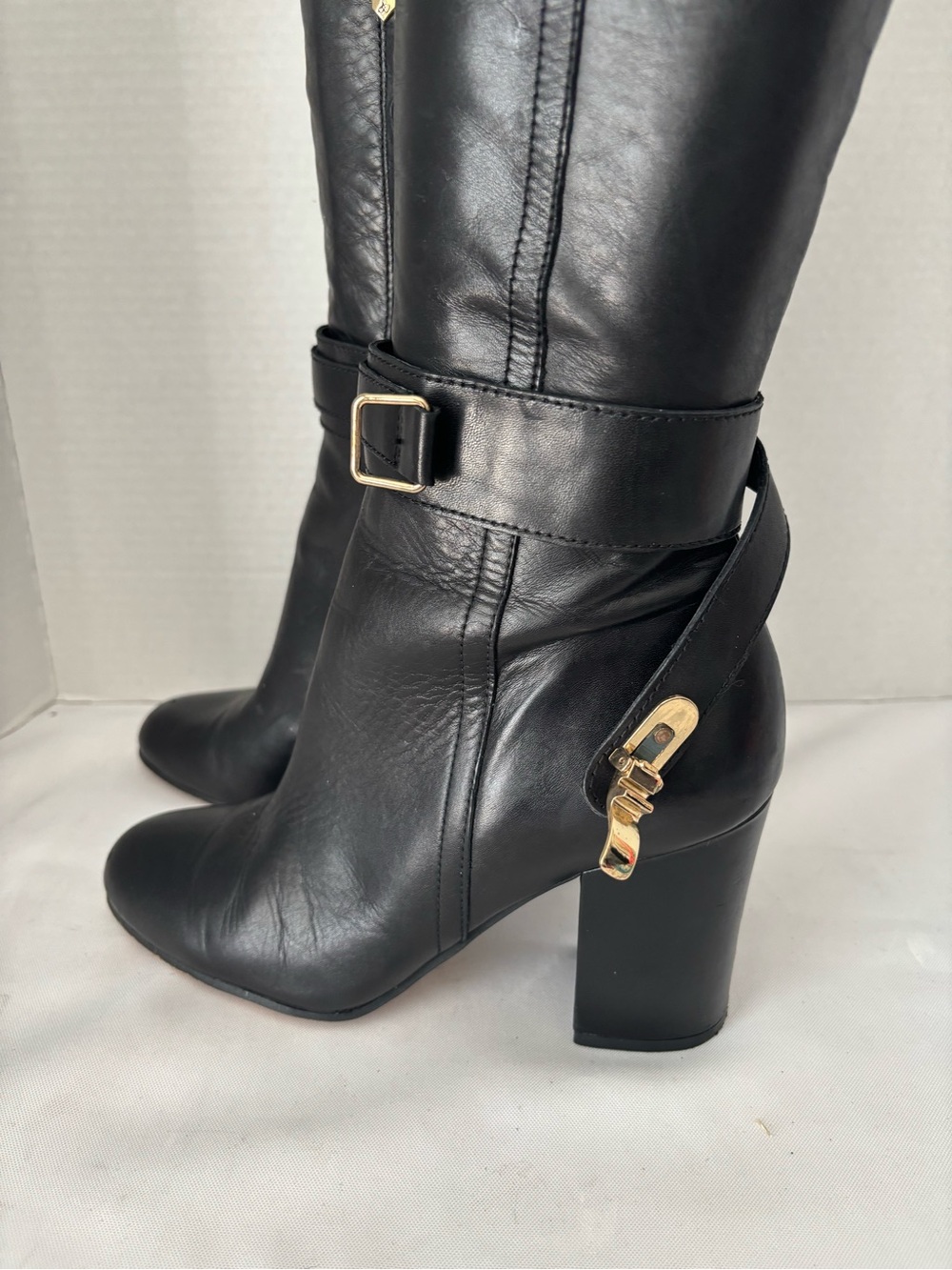 Sam Edelman Black Leather Over-the-Knee Block Heel Boots  W/ Ankle Buckle SZ 7.5 - Picture 3 of 15